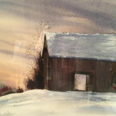 Snowy barn water color