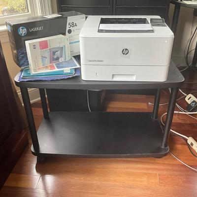 DO1308 HP Laser Jet Pro Printer and Black Cart on Wheels