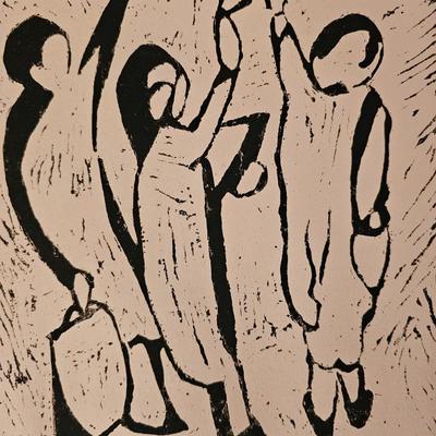 Vintage Laura Lipkin Block Print of Strap hangers