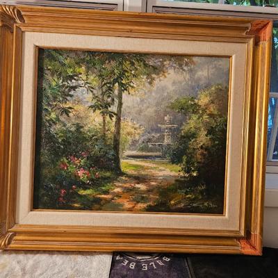 Large Choong S. Kye painting of Fountain in wooded garden