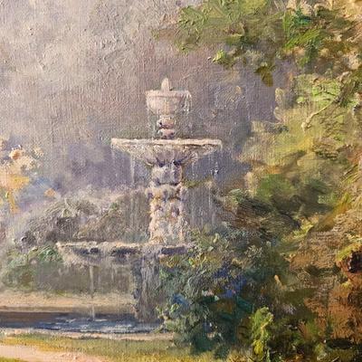 Large Choong S. Kye painting of Fountain in wooded garden