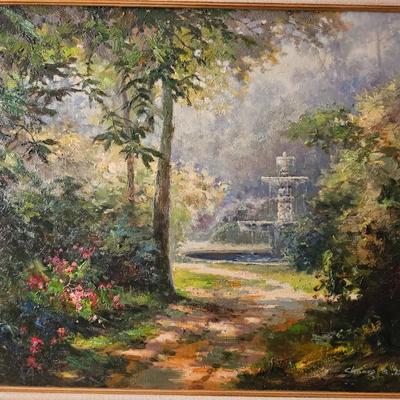 Large Choong S. Kye painting of Fountain in wooded garden