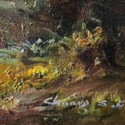 Large Choong S. Kye painting of Fountain in wooded garden