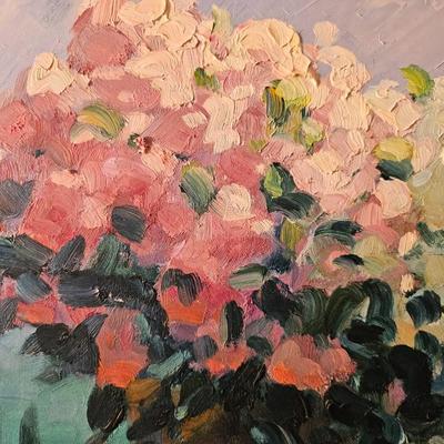 Large painting of pot of Flowers with Sea in the Background