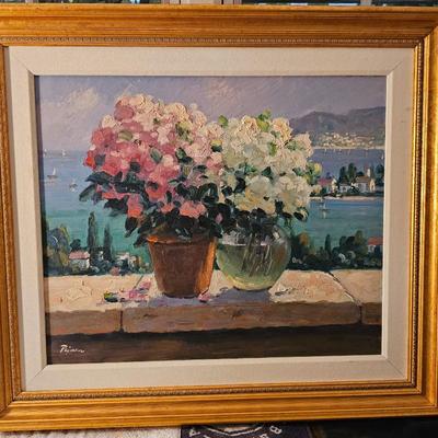 Large painting of pot of Flowers with Sea in the Background