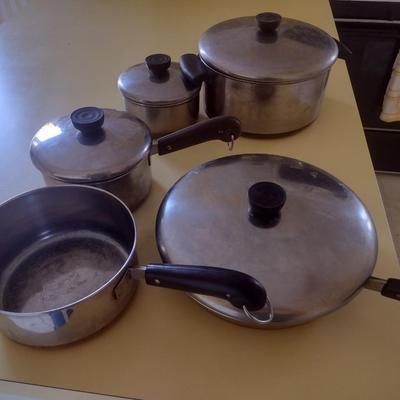 Set of Copper Bottom Revere Ware Pots and Pans