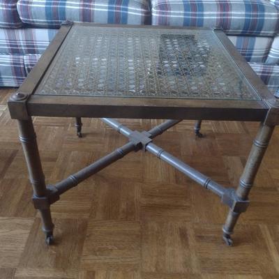 Mid-Century Solid Wood Side Table with Cane Top Glass Insert and Castor Wheels Choice A
