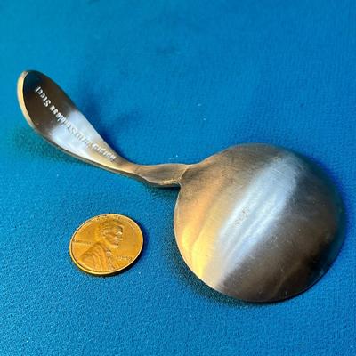 CUTE LITTLE SERVING SPOON WITH INCISED FLORAL DETAIL, CURVED HANDLE, PEWTER-LIKE FINISH