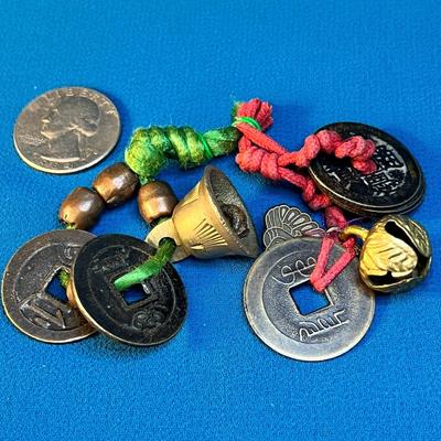 VINTAGE CHINESE COINS, BEADS, BRASS BELLS ON CORDS