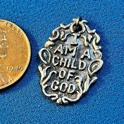 FANCY PEWTER-LIKE â€œI AM A CHILD OF GODâ€ NECKLACE PENDANT WITH RAISED EMBELLISHMENT