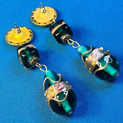 FUN FANCY GOLD TONE AND EMBELLISHED DARK GREEN GLASS BEAD DANGLY EARRINGS