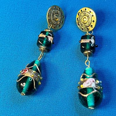 FUN FANCY GOLD TONE AND EMBELLISHED DARK GREEN GLASS BEAD DANGLY EARRINGS