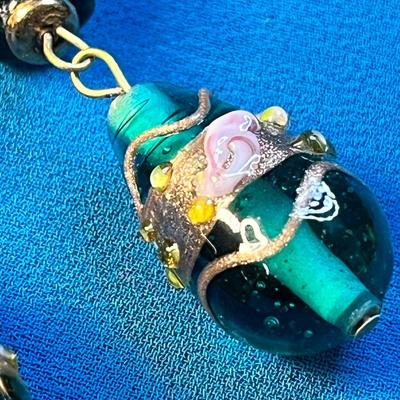 FUN FANCY GOLD TONE AND EMBELLISHED DARK GREEN GLASS BEAD DANGLY EARRINGS