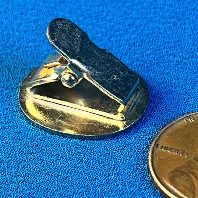 LITTLE ENAMELED CLIP-ON PIN WITH CROWN, LEAVES AND MEDALLION MOTIF