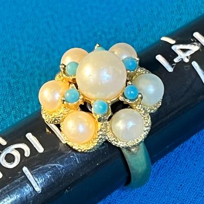 AVON FAUX PEARL, BLUE BEAD COCKTAIL RING