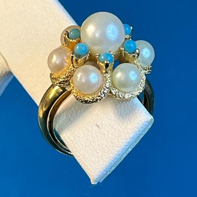 AVON FAUX PEARL, BLUE BEAD COCKTAIL RING