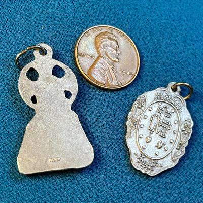 PAIR OF FANCY RELIGIOUS MEDALLION PENDANTS OPENWORK JESUS & â€œPROMOTERâ€ FROM ITALY