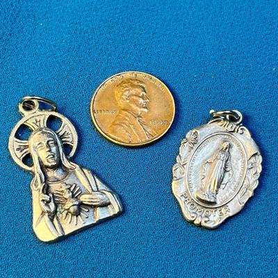 PAIR OF FANCY RELIGIOUS MEDALLION PENDANTS OPENWORK JESUS & â€œPROMOTERâ€ FROM ITALY