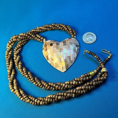 LARGE PINK, TAN MOSAIC ABALONE HEART PENDANT ON TWISTED NATURAL BEAD CHAIN
