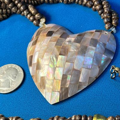 LARGE PINK, TAN MOSAIC ABALONE HEART PENDANT ON TWISTED NATURAL BEAD CHAIN