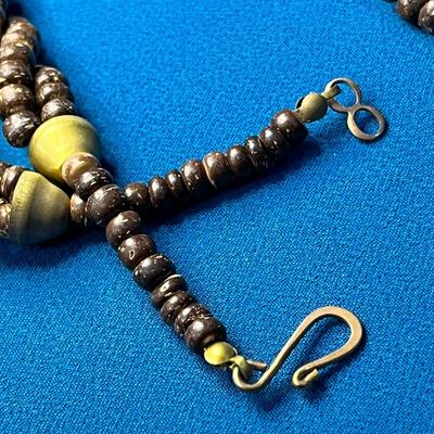 LARGE PINK, TAN MOSAIC ABALONE HEART PENDANT ON TWISTED NATURAL BEAD CHAIN