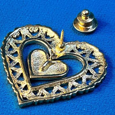 FANCY GOLD TONE OPEN WORK HEART PIN WITH DANGLY ENAMELED HEART IN CENTER