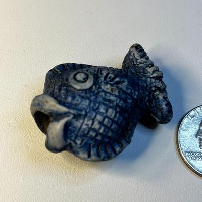 CHUBBY BLUE INCISED CERAMIC BEAD/PENDANT SHAPED LIKE A FISH