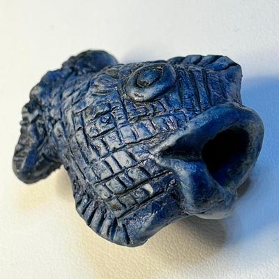 CHUBBY BLUE INCISED CERAMIC BEAD/PENDANT SHAPED LIKE A FISH