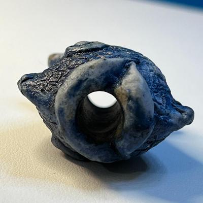 CHUBBY BLUE INCISED CERAMIC BEAD/PENDANT SHAPED LIKE A FISH