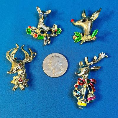 SET OF 4 DIFFERENT ENAMELED, RHINESTONE ACCENT CHRISTMAS REINDEER PINS