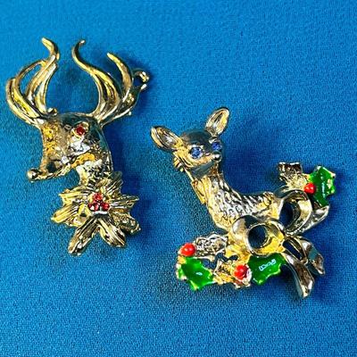 SET OF 4 DIFFERENT ENAMELED, RHINESTONE ACCENT CHRISTMAS REINDEER PINS