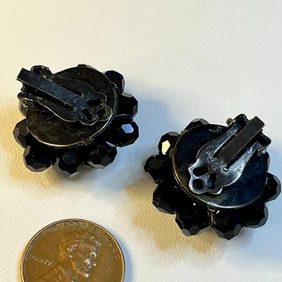 VINTAGE BLACK GLASS FACETED BEAD BUTTON STYLE EARRINGS