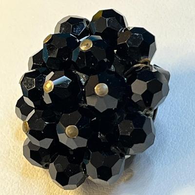 VINTAGE BLACK GLASS FACETED BEAD BUTTON STYLE EARRINGS
