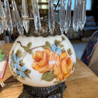 Huge Victorian Gone With the Wind Hurricane Amber Double Globe Rose Parlor Lamp With Hanging Crystals