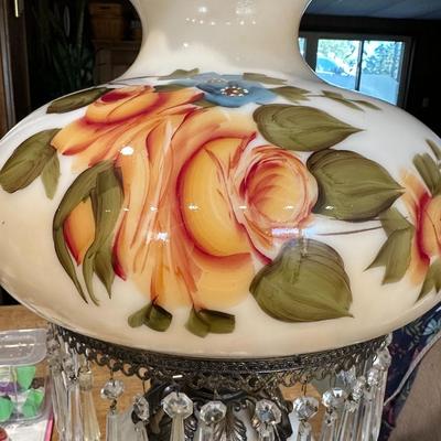 Huge Victorian Gone With the Wind Hurricane Amber Double Globe Rose Parlor Lamp With Hanging Crystals