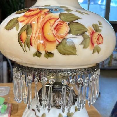 Huge Victorian Gone With the Wind Hurricane Amber Double Globe Rose Parlor Lamp With Hanging Crystals