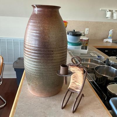 AB1412 Large Barry Jeeves Pottery Vase Prince Edward Island with Figural Candlestick