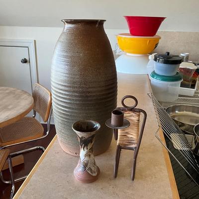 AB1412 Large Barry Jeeves Pottery Vase Prince Edward Island with Figural Candlestick