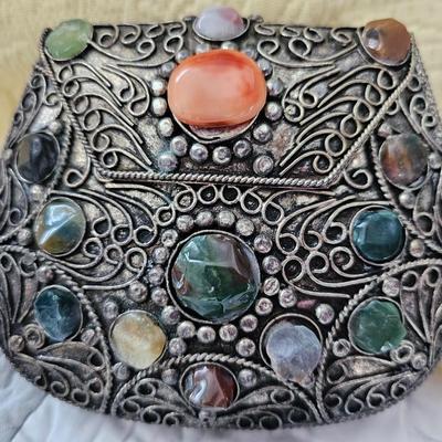 Small silver toned and bejeweled bag