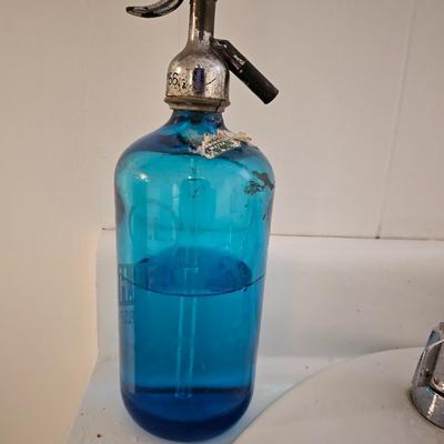 Antique blue Seltzer Bottle with label Bronx