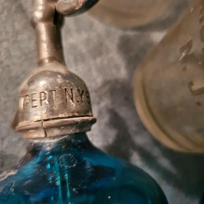 Antique blue Seltzer Bottle with label Bronx