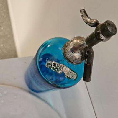Antique blue Seltzer Bottle with label Bronx