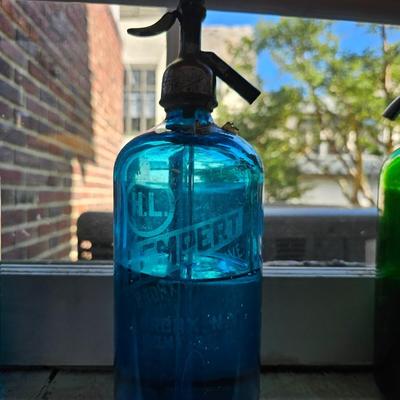Antique blue Seltzer Bottle with label Bronx