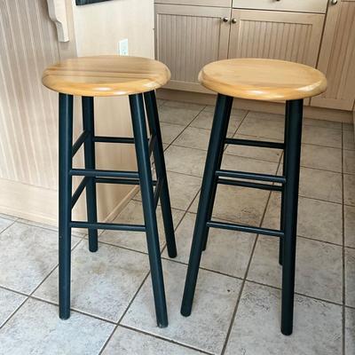 K1419 Pair of Green Painted Maple Top Stools