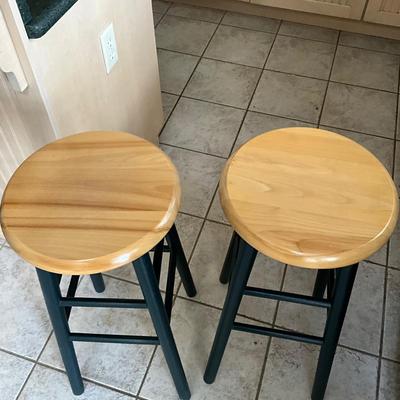 K1419 Pair of Green Painted Maple Top Stools