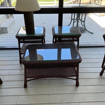 O1438 Set of Three Dark Brown Resin Wicker Style Glass Top Tables with Lamp