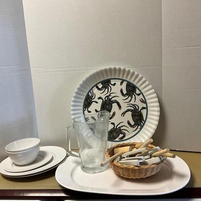 MDR1444 Lot of Crab Melamine Dishes and Glass Crab Etched Pitcher, Mallets, and more