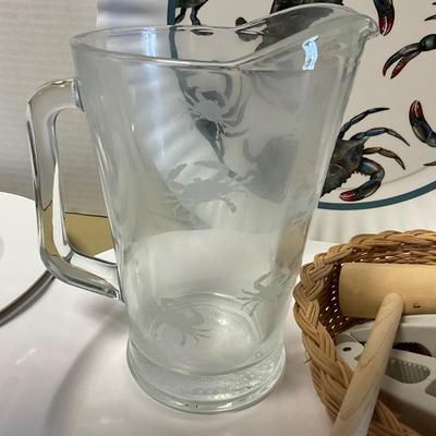 MDR1444 Lot of Crab Melamine Dishes and Glass Crab Etched Pitcher, Mallets, and more