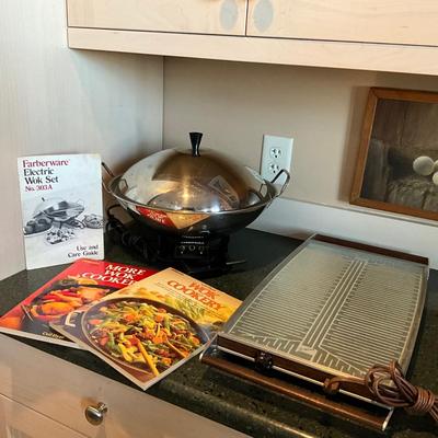 K1473 Vintage Farberware Electric WOK and Salton Warming Tray with Cookbooks