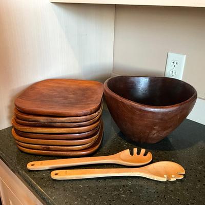 K1474 Lot of Vintage TEAK Wooden Salad Bowls and Plates